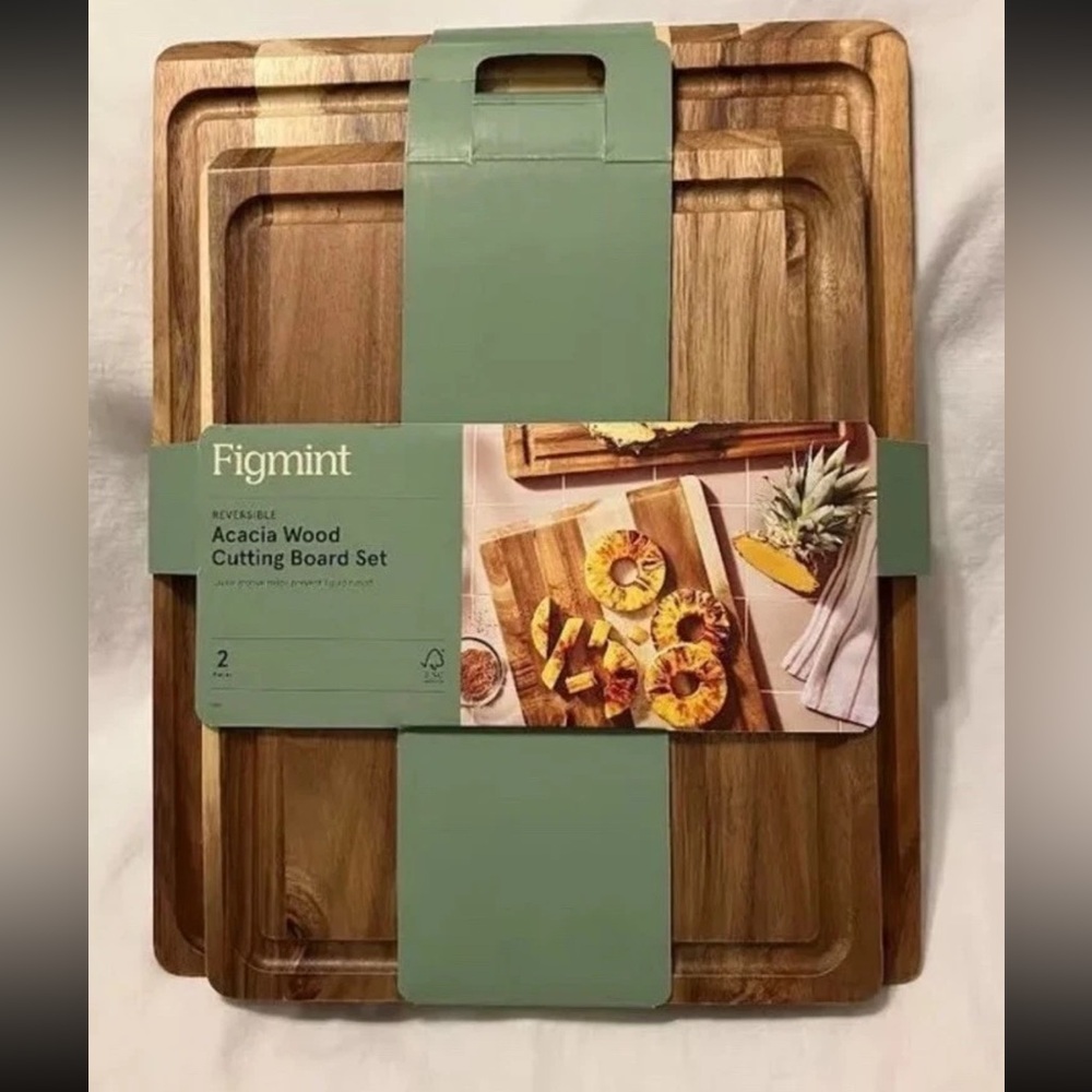 2 Piece Acacia Wood Cutting Board Set Natural-Figmint Reversible-New